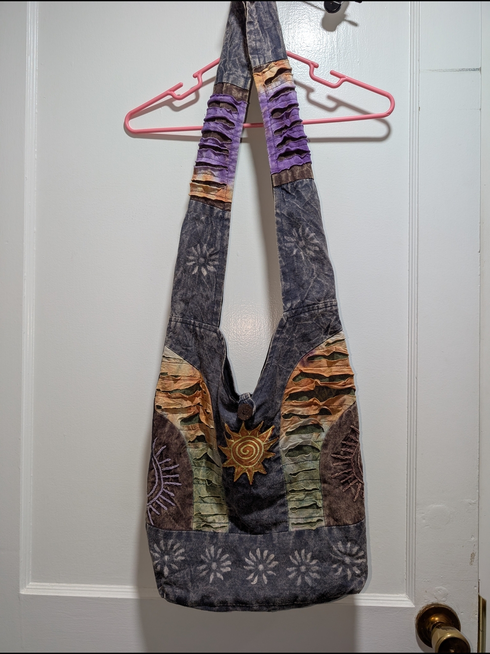 Boho Sunburst Patchwork Crossbody Bag - Gray & Purple
